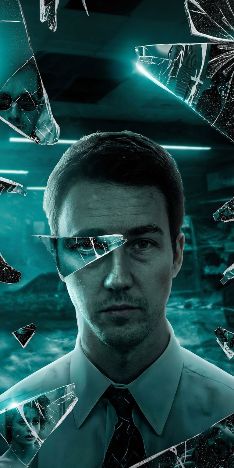 Download this Edward Norton 4K wallpaper to customize your iPhone with a unique design. Featuring broken glass, a teal color palette, and a glimpse of Marla Singer, this wallpaper is sure to impress.