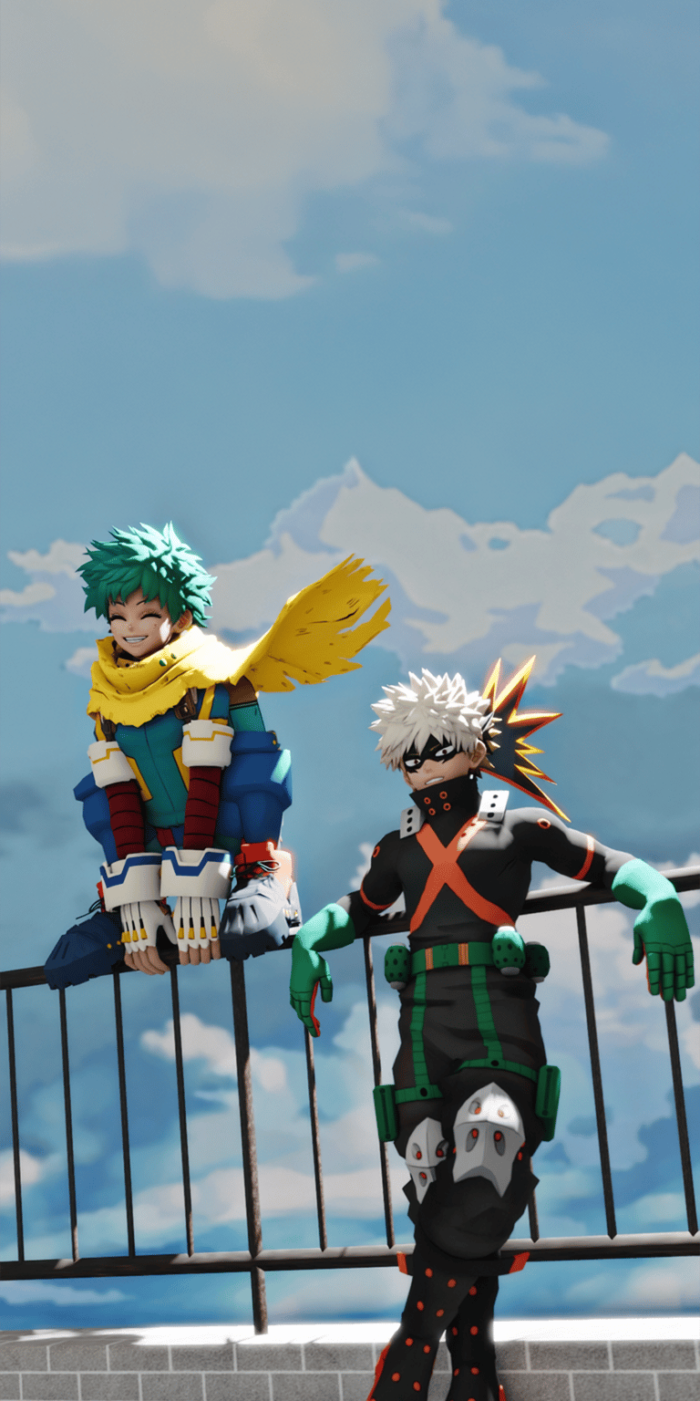 Download this high-quality 4K wallpaper of Deku and Bakugo for your iPhone, featuring them perched on a ledge against a partly cloudy sky. This vibrant wallpaper captures Deku's green hair and yellow cape, alongside Bakugo's spiky blonde hair and black suit with orange accents.
