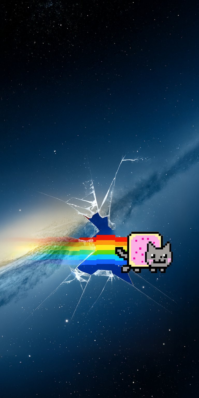 Get this high-quality Nyan Cat wallpaper for your iPhone today! This 4K wallpaper features the iconic Nyan Cat flying through a crack in space with a rainbow trail and pink pastry.