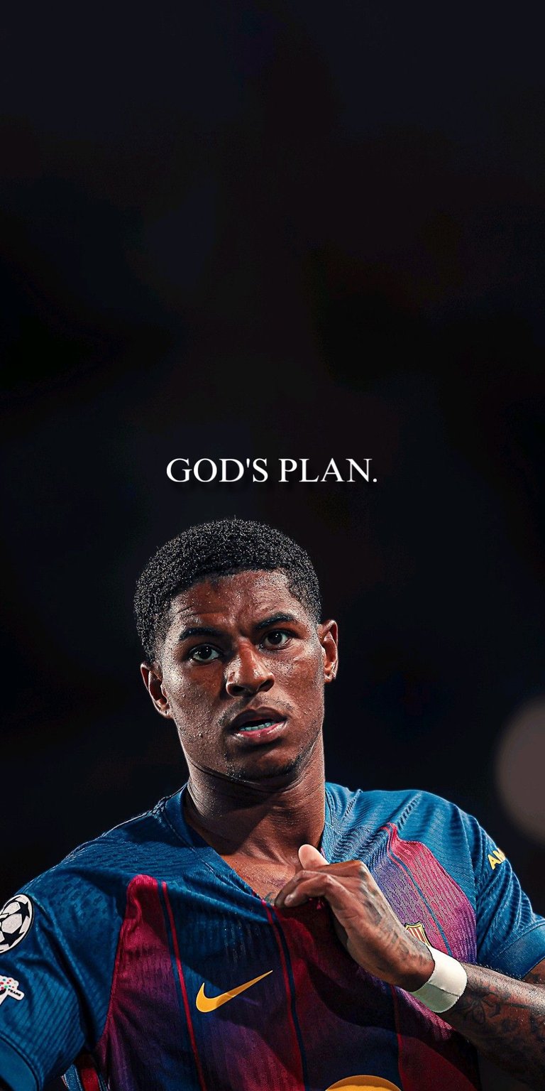 Professional footballer Marcus Rashford is depicted in a blue jersey with the text "GOD'S PLAN" centered above him. This sports wallpaper features moody lighting and a focused athletic mood for iPhone.