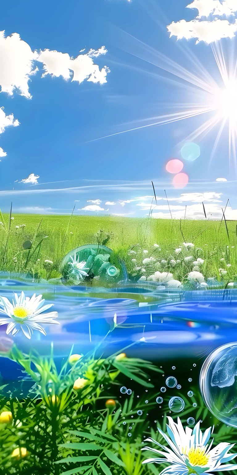 Download this beautiful Summer Field 4K wallpaper for your iPhone today. This stunning wallpaper features bright blue water, green grass, and floating bubbles, offering a visually captivating scene.