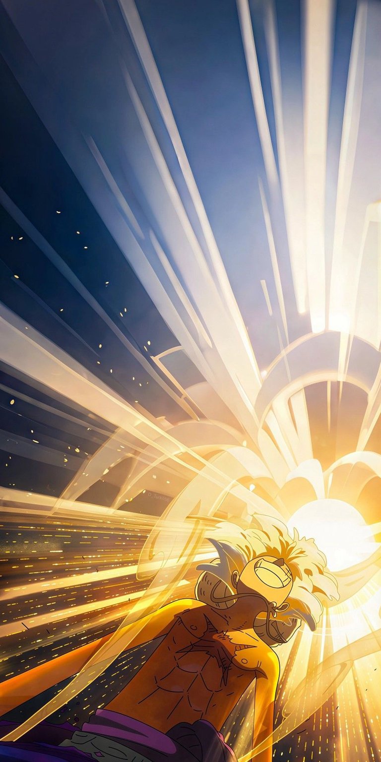 Witness the legendary awakening of Monkey D. Luffy. This wallpaper captures Luffy in his Gear 5 "Sun God Nika" form, radiating brilliant golden light and Joyboy’s chaotic energy. The vibrant yellow and white rays make for a stunning, bright lock screen that celebrates the peak of the Wano Arc.