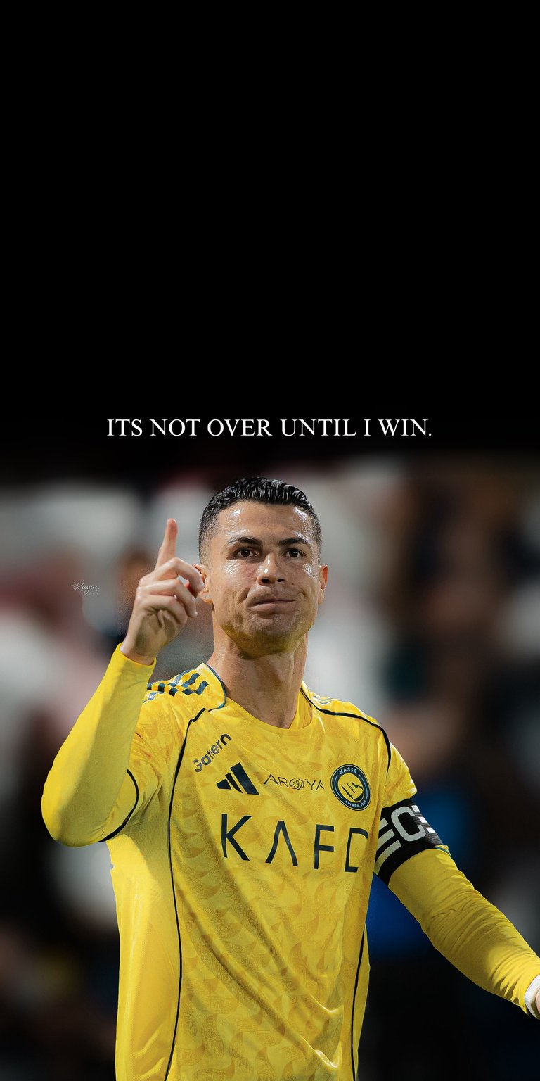 Cristiano Ronaldo 4K wallpaper showcasing the iconic footballer in a yellow kit against a deep black background with bold motivational text. This wallpaper delivers strong contrast, sharp focus, and a dramatic Aesthetic wallpapers style perfect for iPhone lock screen and home screen.