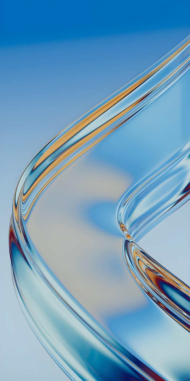 This 3D wallpaper features a sleek, translucent abstract curve reflecting soft blue and gold tones. It is a sophisticated choice for any iPhone looking for a spatial aesthetic wallpaper.