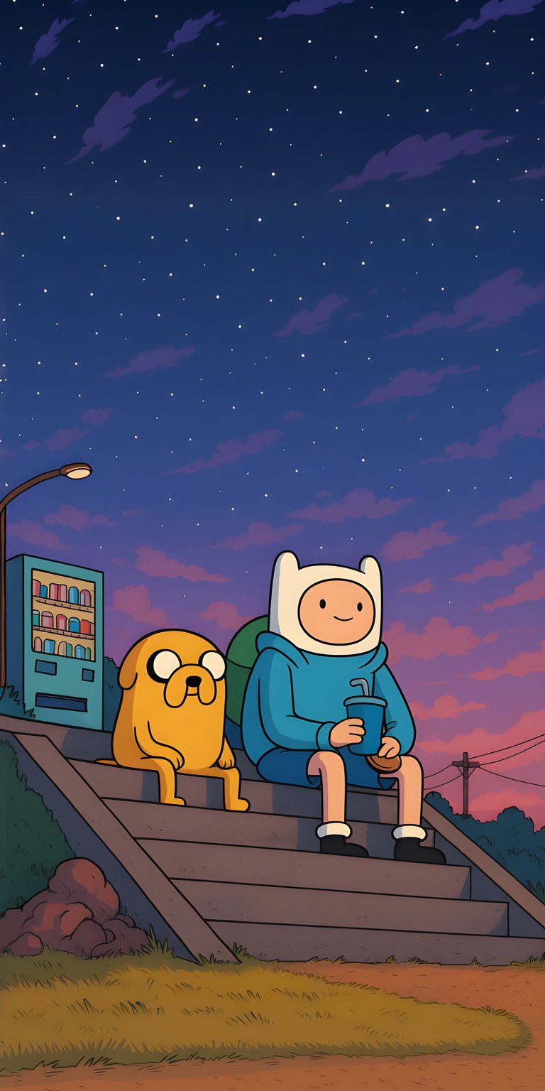 This aesthetic wallpaper features Finn and Jake sitting peacefully on outdoor stairs under a vast, starry night sky. The 4K mobile background captures a nostalgic and calm mood with its warm sunset gradients and deep purple twilight tones, perfect for an iPhone lock screen.