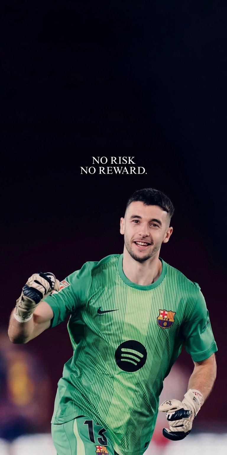 Elevate your screen with the spirit of the Blaugrana! This dynamic live wallpaper captures FC Barcelona goalkeeper Iñaki Peña in a moment of triumph and focus, perfectly embodying the high-stakes world of football. The design features a striking dark backdrop that makes the goalkeeper's bright green jersey pop, emphasizing the motivational quote "NO RISK NO REWARD." Perfect for fans of FC Barcelona, La Liga, and anyone who draws inspiration from sports motivation and the grit of a top-tier goalkeeper. The wallpaper cycles subtly to bring the excitement of the pitch directly to your device.
