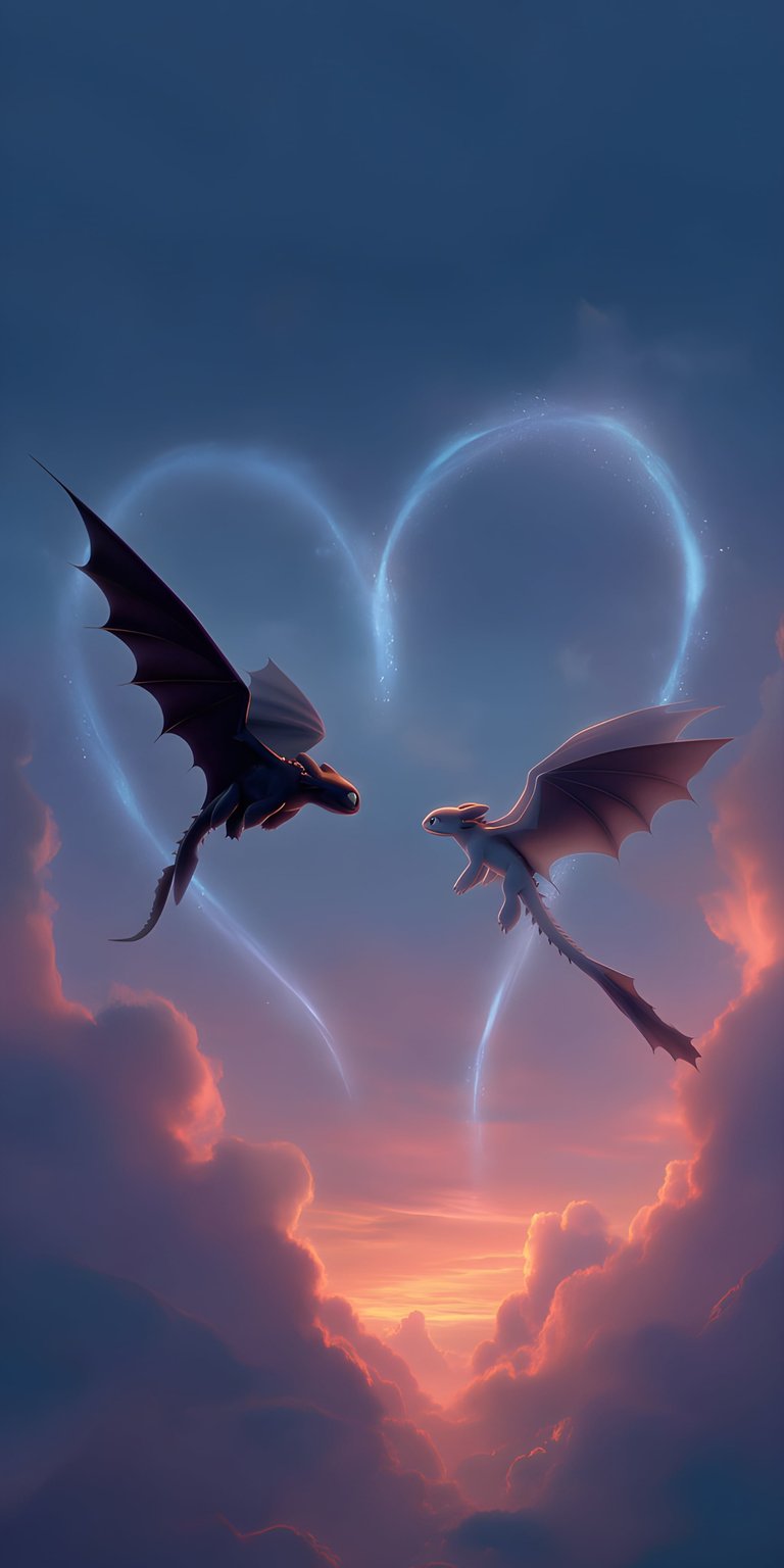 Two dragons form a glowing heart in the clouds in this romantic 4K wallpaper. Bring the magic of Toothless and Light Fury to your iPhone with this cinematic movie-inspired wallpaper.
