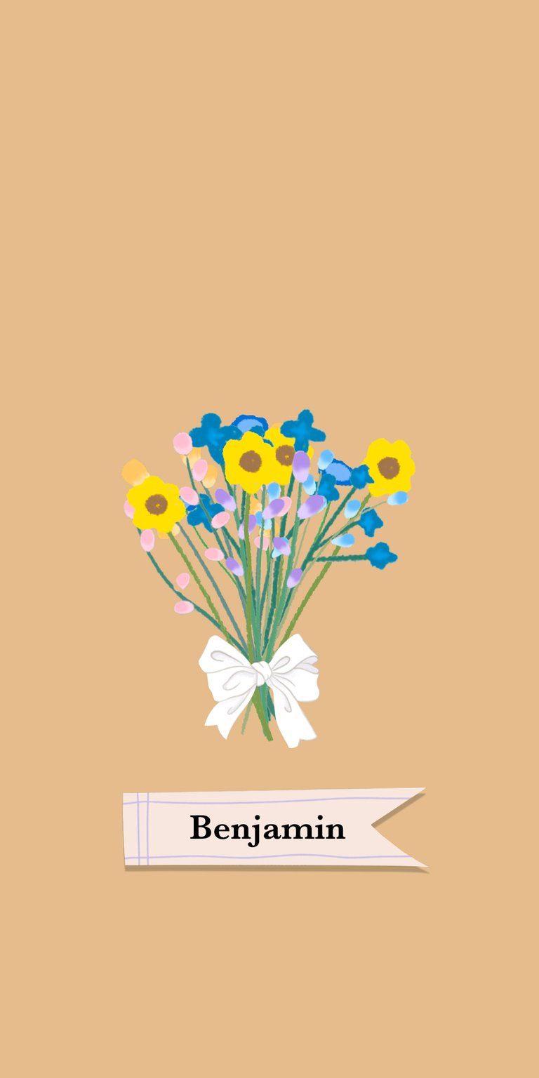 blue illustration flower wildflower yellow white daisy bouquet label ribbon bow name