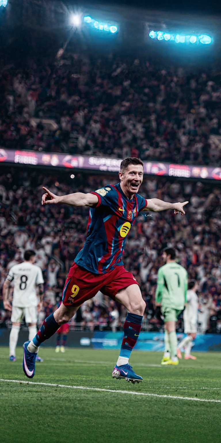 Bring the energy of a clinical finish to your screen with this Robert Lewandowski 4K wallpaper for iPhone. This vibrant wallpaper features the legendary striker mid-celebration with a blurred crowd and vivid stadium bokeh in the background.