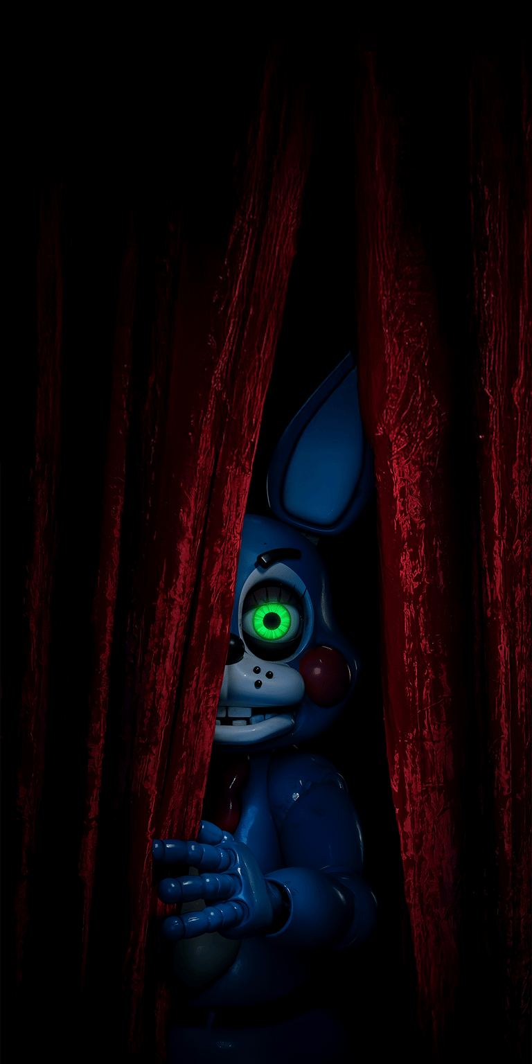 Download this eerie Toy Bonnie 4K wallpaper for your iPhone, featuring the animatronic peering out from behind a red curtain. The unsettling image captures Toy Bonnie's blue plastic design, piercing green eye, and ominous presence, making it a unique wallpaper.