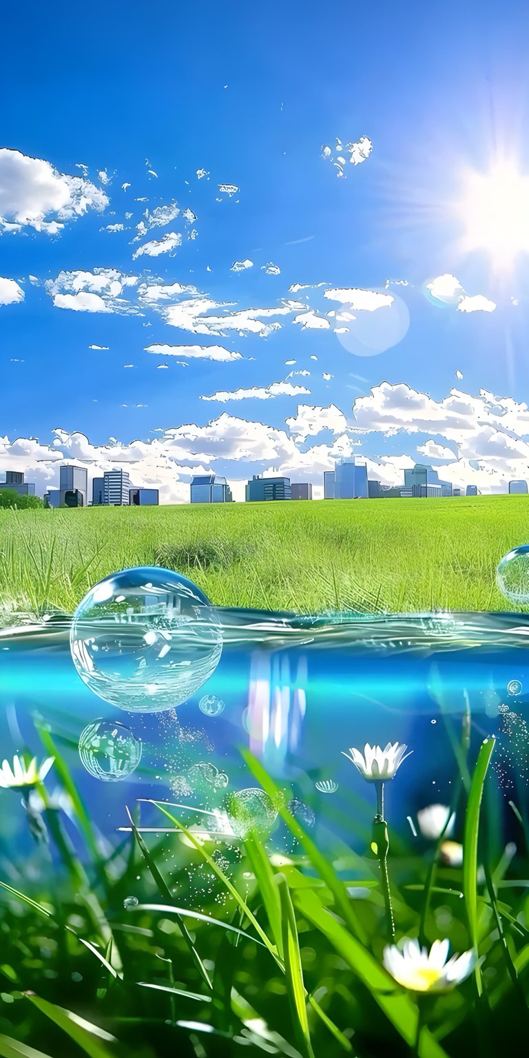 Download this stunning nature scenery 4K wallpaper for your iPhone, featuring clear bubbles underwater and daisies. This wallpaper captures a bright, sunny day with a distant cityscape.