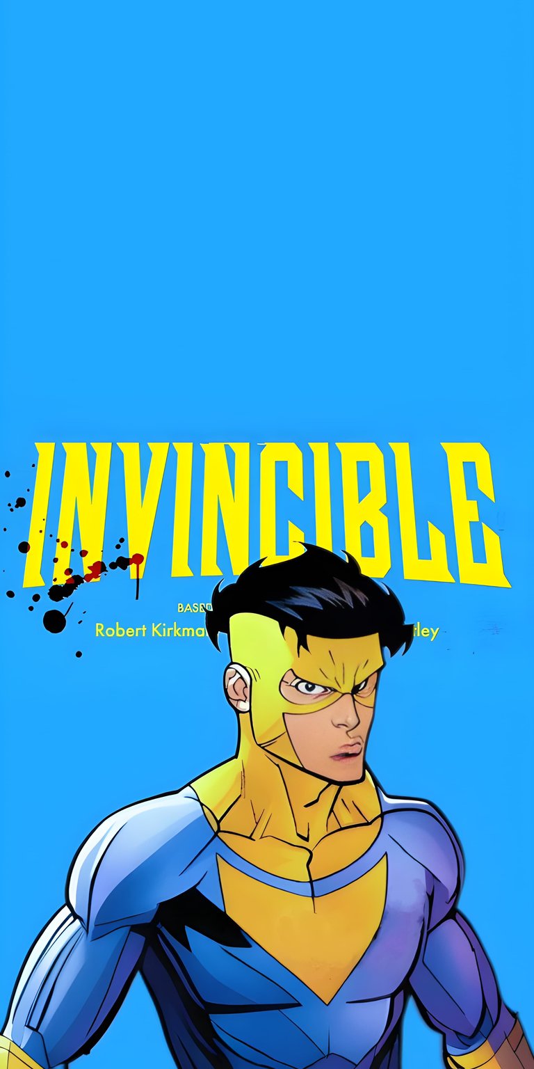 This high-resolution Invincible 4K wallpaper features Mark Grayson set against a vibrant blue background, making it a standout choice for any iPhone lock screen. The bold yellow typography and crisp comic-style illustration define these aesthetic wallpapers, perfect for fans of the gritty superhero series.