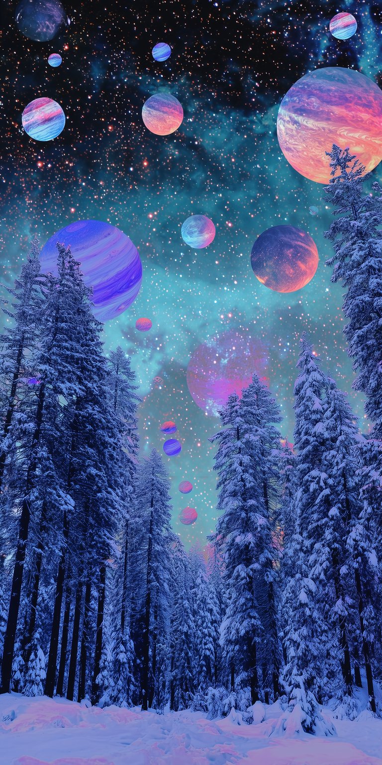 A breathtaking surrealist 4K wallpaper that blends a snow-covered pine forest with a vibrant celestial sky. The scene features towering evergreen trees under a galaxy filled with glowing purple and blue nebulae and multiple floating planets. This aesthetic combines the peacefulness of a winter landscape with the wonder of deep space, making it an ideal choice for fans of nature, astronomy, and dreamlike digital art.