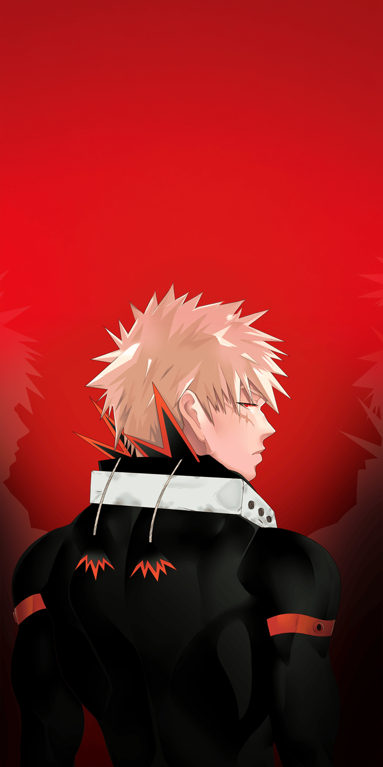 This 4K wallpaper features Bakugo, showcasing his spiky blonde hair and his hero suit with orange accents. Set this incredible wallpaper as your iPhone background.