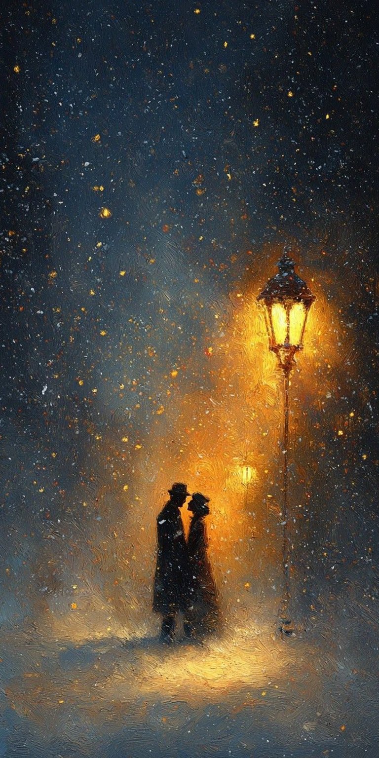 Download this romantic couple 4K wallpaper for your iPhone, showing a pair silhouetted in the snowy night. The warm glow from a vintage streetlamp illuminates the falling snow, creating a beautiful wallpaper.