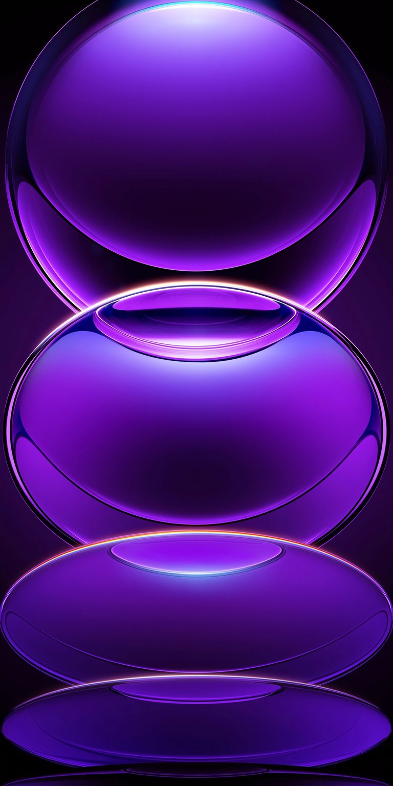 A sophisticated 3D render featuring stacked purple glass spheres. The realistic light refraction and deep violet hues create a sense of depth and luxury. The design is inspired by high-end tech aesthetics, making it a professional and visually pleasing choice for high-resolution displays.