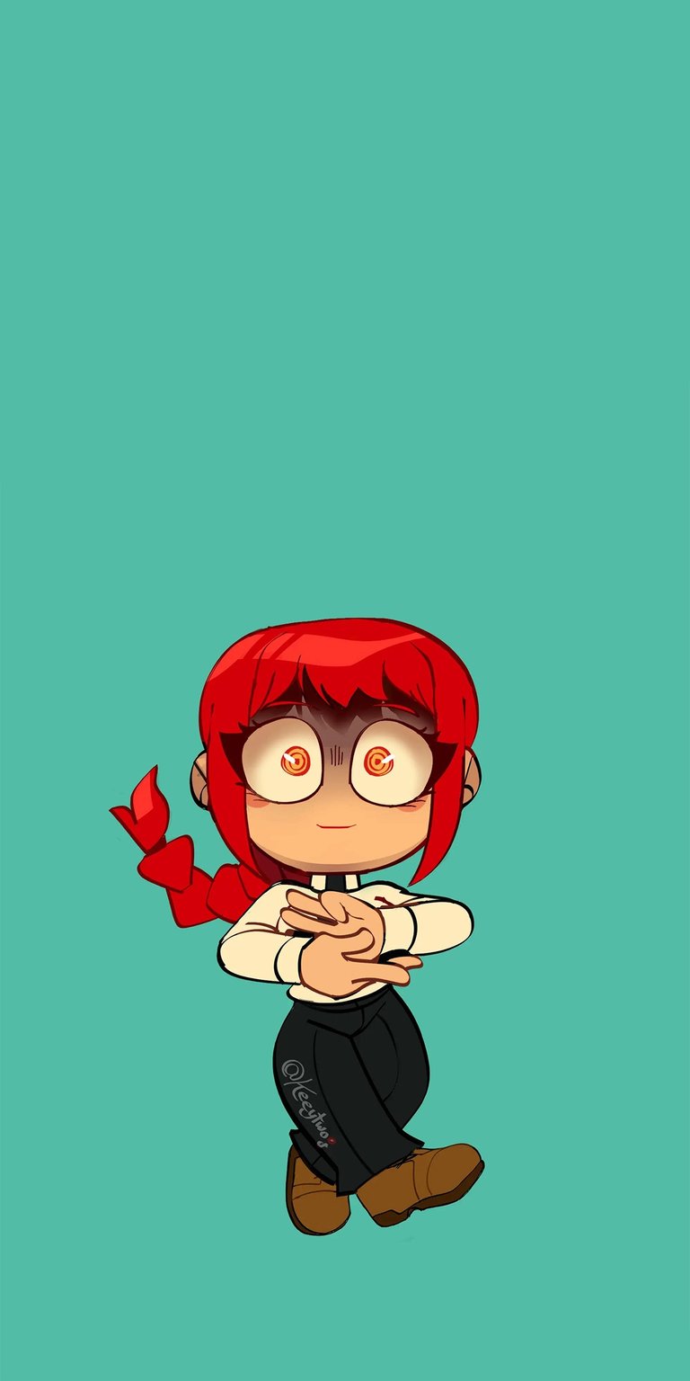 Download this cute Makima 4K wallpaper for your iPhone today! This high-definition wallpaper features Makima with big, swirly eyes, a red braid, and a green background.