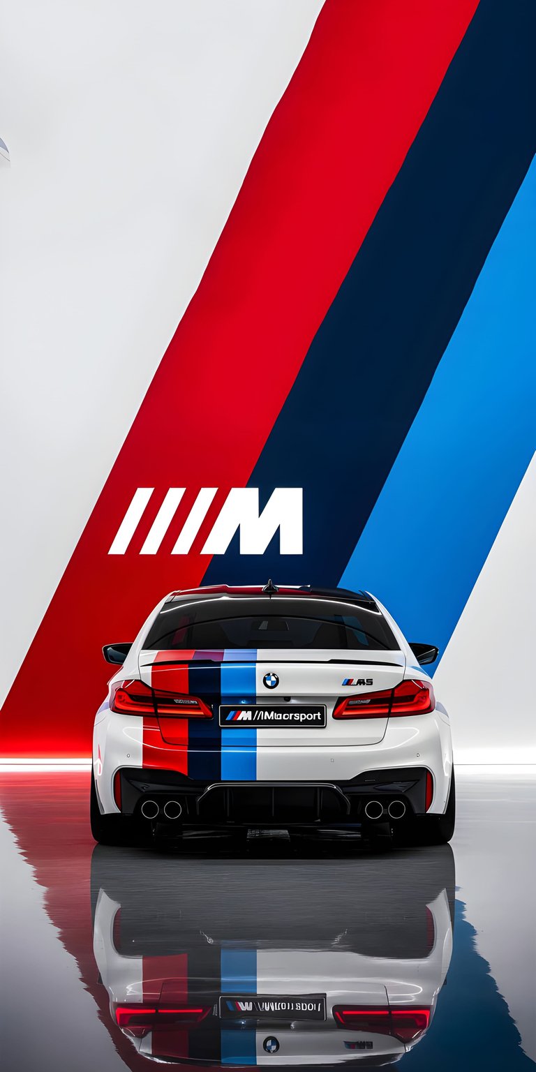 This 4K wallpaper features a white BMW M5 showcasing a bold M-Performance tricolor livery against a matching geometric backdrop. Designed as an aesthetic wallpaper for iPhone, it offers a clean, high-contrast look with a polished floor reflection.