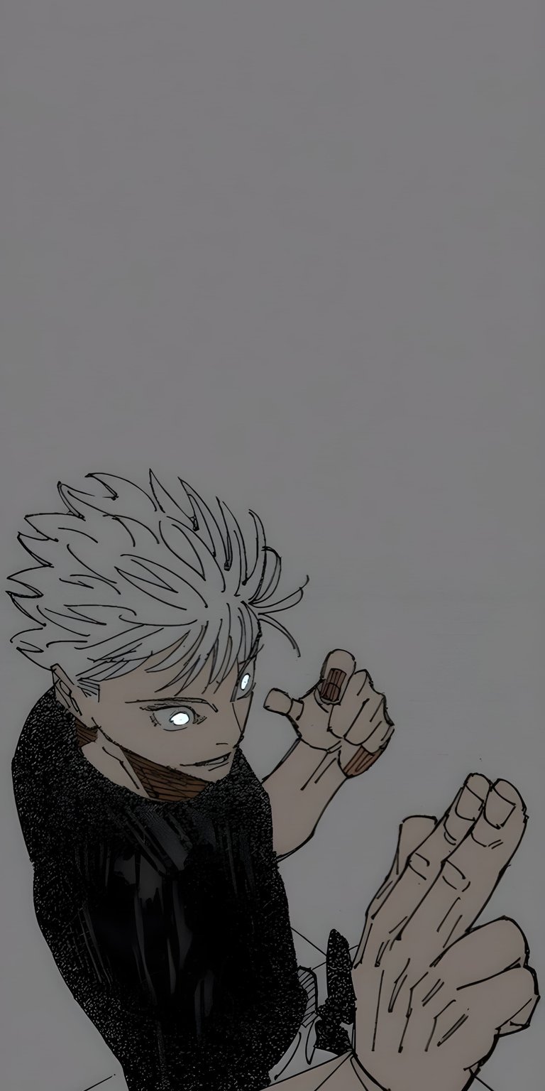Enhance your iPhone with this striking Gojo Satoru 4K wallpaper, showcasing his iconic white hair and glowing eyes. This wallpaper captures Gojo's intense gaze and signature hand gesture.
