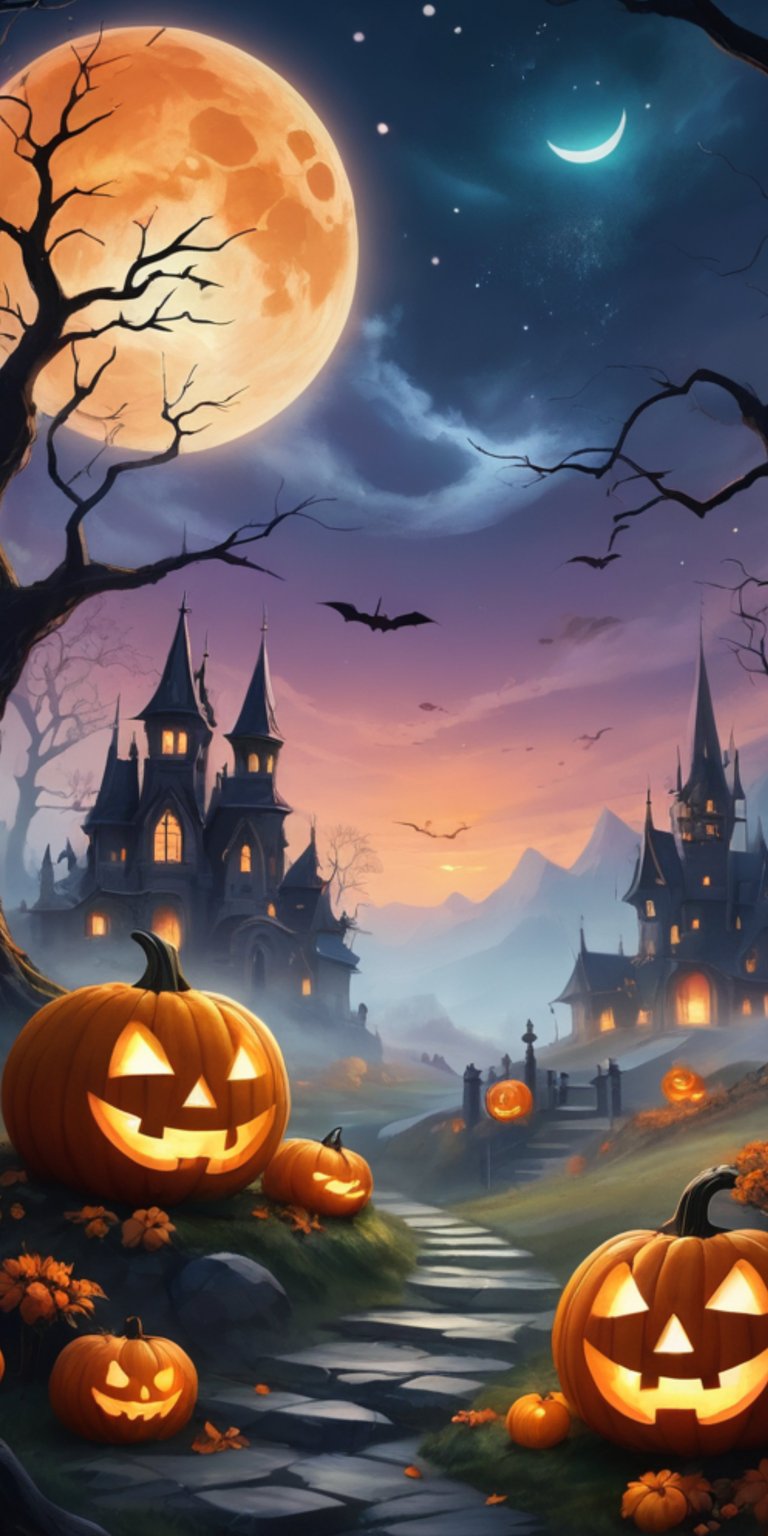 Scary night castle view and jack-o-lanterns on the side road wallpaper