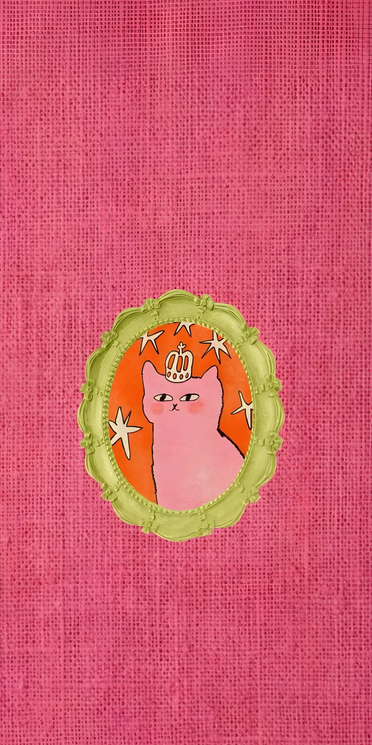 Download this regal cat wallpaper for your iPhone, featuring a crowned cat portrait in 4K resolution. This whimsical wallpaper showcases the pink cat, framed in decorative green, surrounded by white stars.