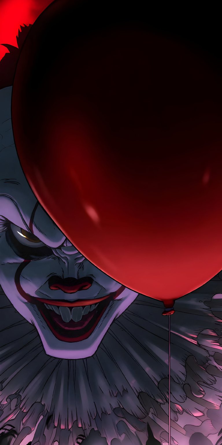 This Pennywise 4K wallpaper features the terrifying clown peering out from behind a large red balloon. Enhance your iPhone with this aesthetic wallpaper that blends high-contrast shadows with a chilling horror theme.