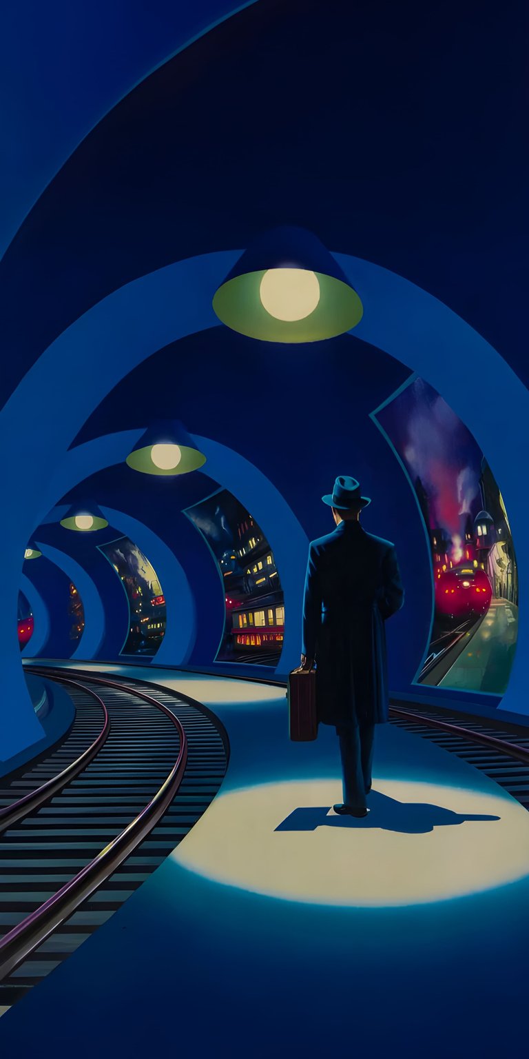 Download this moody train station 4K wallpaper for your iPhone today. The wallpaper features a man in a hat, glowing lamps, and a distant train.