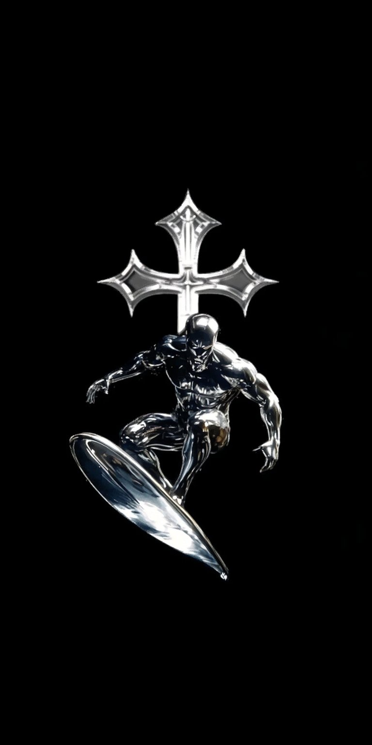 Download this Silver Surfer 4K wallpaper for your iPhone, featuring a futuristic chrome aesthetic. This amazing wallpaper showcases a silver surfer on his board, paired with a futuristic cross symbol.