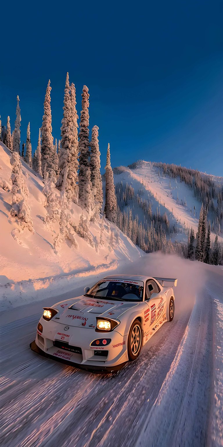 This Aesthetic wallpapers design captures a white Mazda RX-7 rally car drifting through a breathtaking snowy mountain pass. Enhance your iPhone with this high-energy wallpaper featuring warm golden-hour light hitting frozen pine trees and a deep blue winter sky.