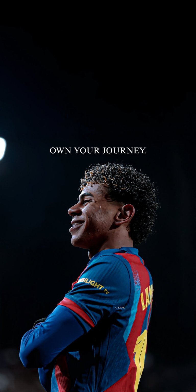 Elevate your iPhone with this premium Lamine Yamal 4K wallpaper featuring an inspiring "Own Your Journey" quote. This sleek addition to our OLED wallpapers collection highlights deep shadows and vibrant blue and red tones for a bold, focused mood.