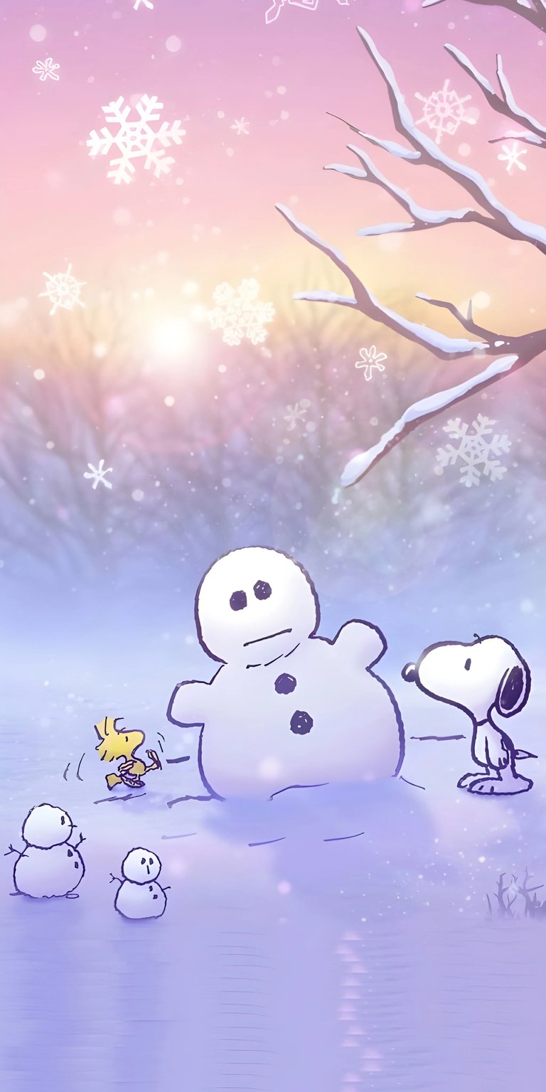 Download this delightful Snoopy 4K wallpaper for your iPhone, featuring Snoopy and Woodstock building a snowman. Note the light purple background and falling snowflakes, creating a serene winter scene.