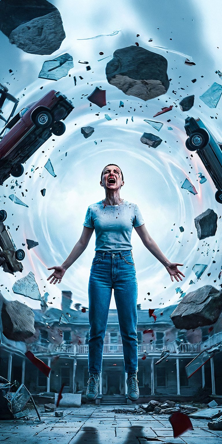 A breathtaking, action-packed 4K wallpaper showcasing Eleven (Millie Bobby Brown) at the height of her powers. She is standing with arms wide open, channeling an immense telekinetic force that surrounds her with a swirling vortex of debris, including levitating rocks, shattered glass, and even flying cars. This epic scene highlights her incredible strength and determination.