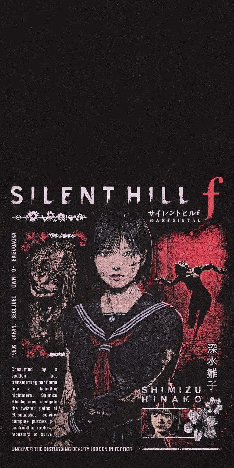 Download this Shimizu Hinako 4K wallpaper to customize your iPhone with a unique Silent Hill wallpaper. Note the ominous figure in the top right corner and the haunting visage on the left.