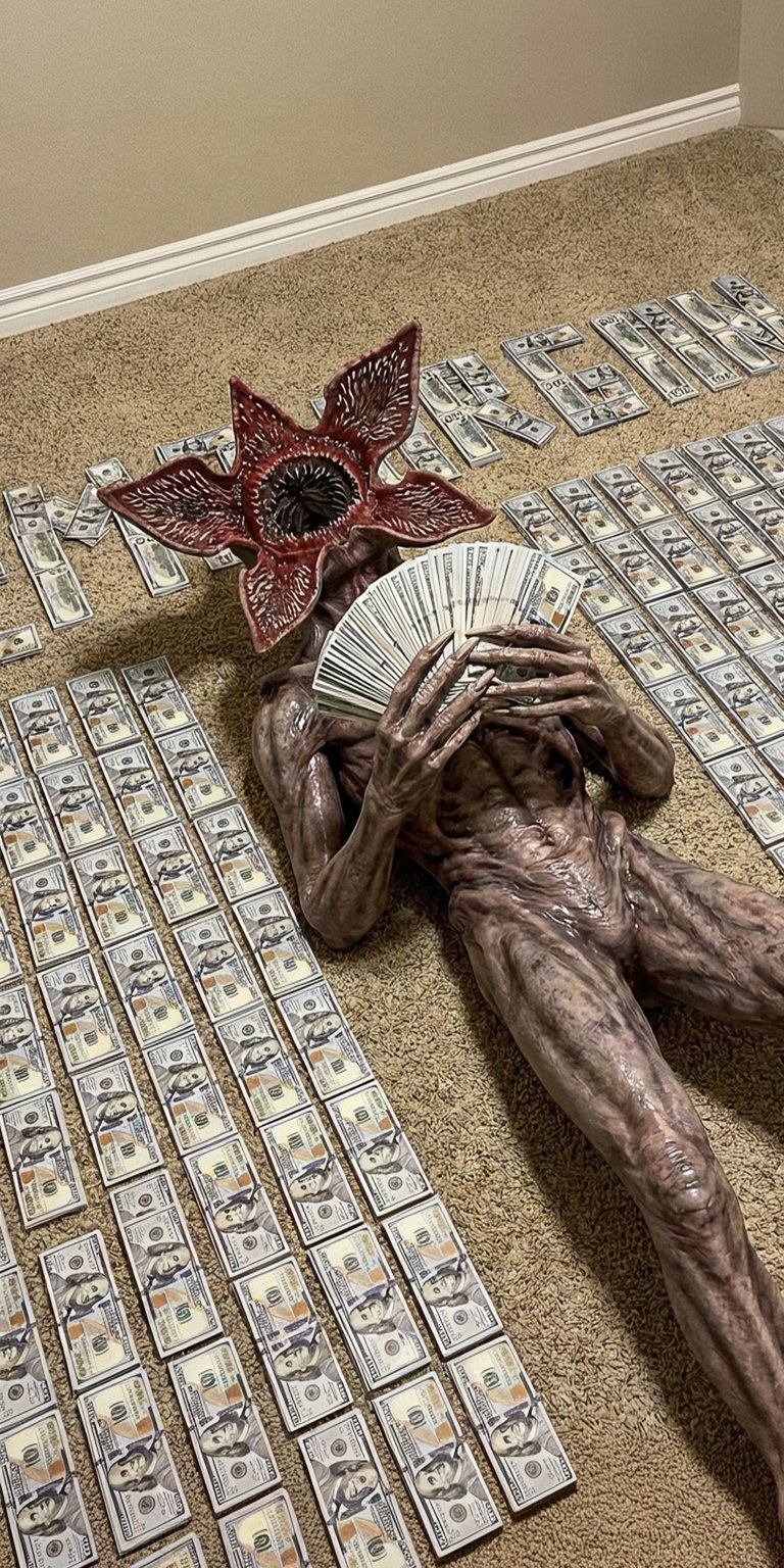 This menacing live wallpaper features the iconic Stranger Things monster, Demogorgon (due to the flower-like head, it strongly resembles the Demogorgon), lying amidst a massive pile of dollar bills. The money is arranged to spell out a large word. The contrast between the terrifying monster and the cash creates a striking, dark aesthetic. This is perfect for horror fans and those who appreciate the show's antagonist.