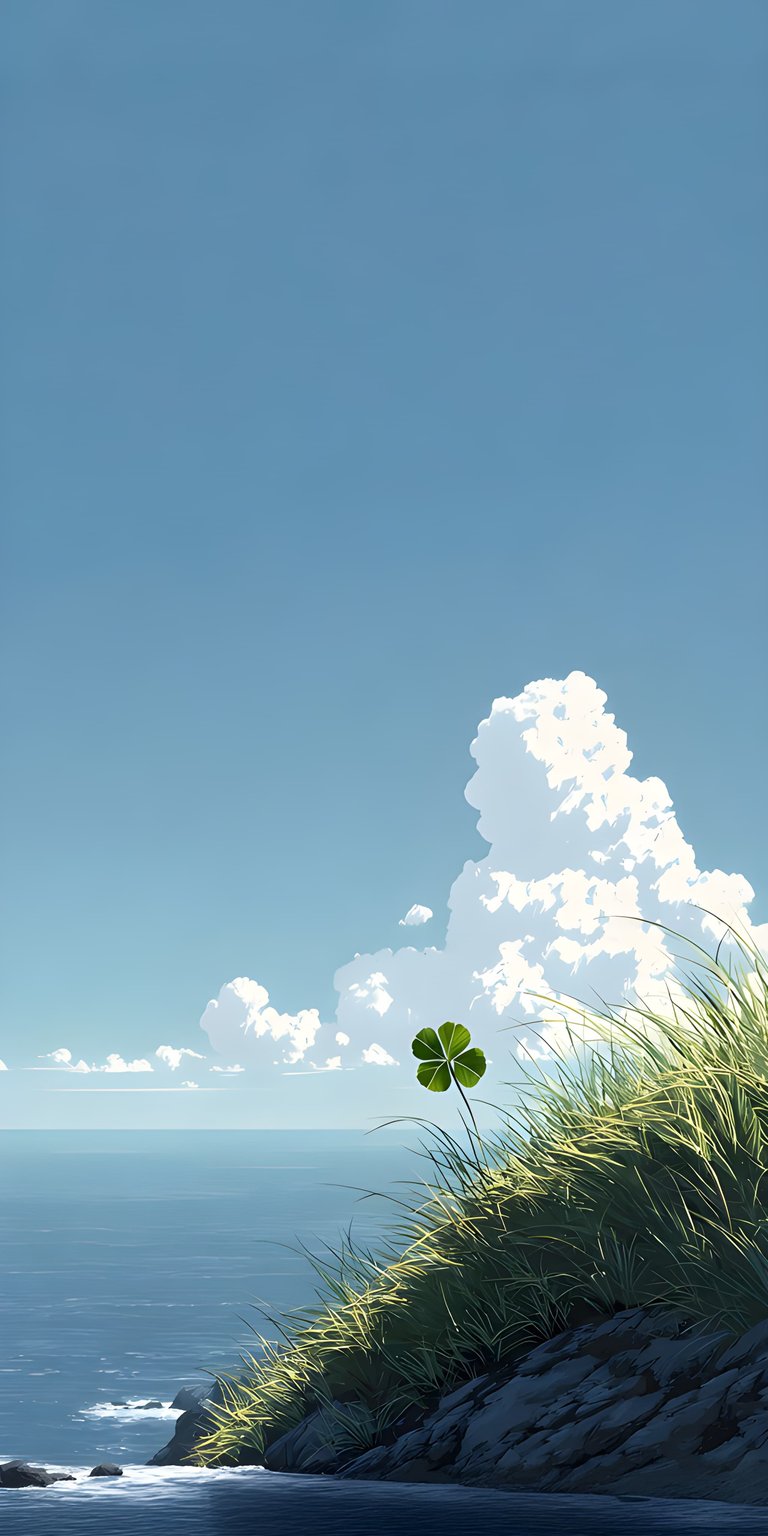 This 4K wallpaper showcases a vibrant clover standing tall amidst grassy dunes, with a backdrop of serene blue skies and fluffy clouds perfect for your iPhone. The horizon meets the sea, offering a tranquil coastal scene as the perfect wallpaper.