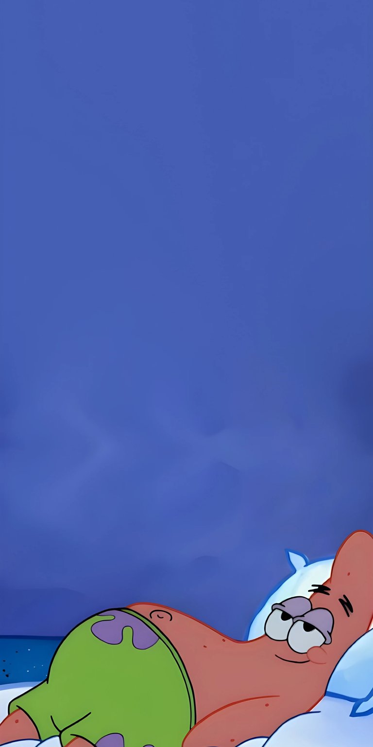 Download this Patrick Star 4K wallpaper for your iPhone, featuring Patrick relaxing on a pillow with purple spots on his green shorts. This wallpaper showcases the beloved character in a sleepy pose against a blue backdrop.