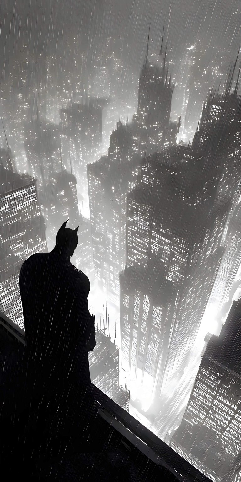 Download this striking Batman 4K wallpaper for your iPhone, showcasing the Dark Knight overlooking a rain-soaked Gotham skyline. The intense atmosphere is heightened by the monochromatic palette and the illuminated skyscrapers piercing through the fog.
