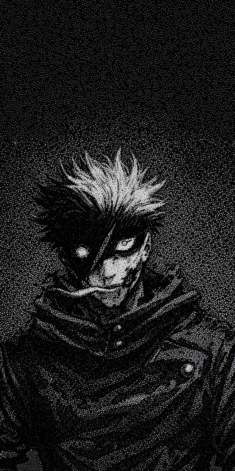 Download this incredible Gojo Satoru 4K wallpaper for your iPhone, showcasing his signature spiky hair, the dark and light contrast across his face, and his high collar. This wallpaper is perfect for any fan of the series.