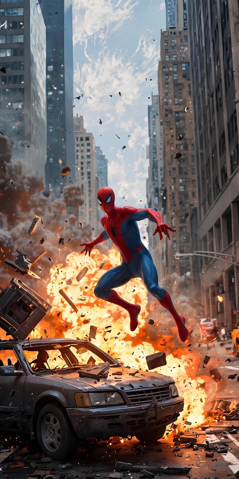 Get this action-packed Spiderman wallpaper for your iPhone in stunning 4K resolution. See Spiderman soaring past skyscrapers amidst explosions with debris and car wreckage flying through the air.