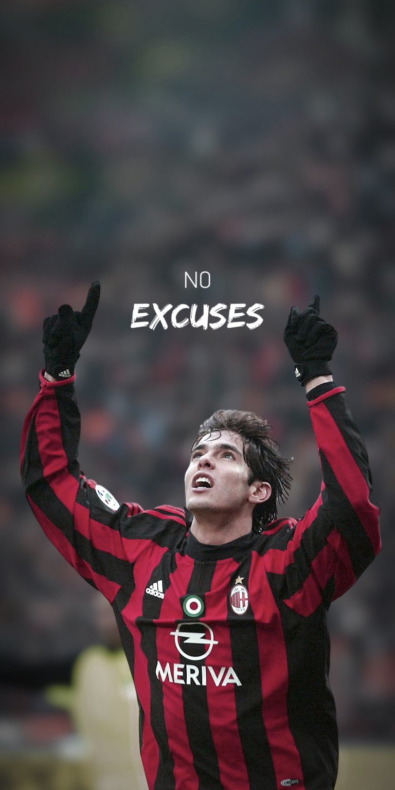 Download this inspiring Kaka wallpaper in 4K for your iPhone! This wallpaper features the soccer star wearing black gloves while looking towards the sky, with the words "NO EXCUSES" displayed above him.