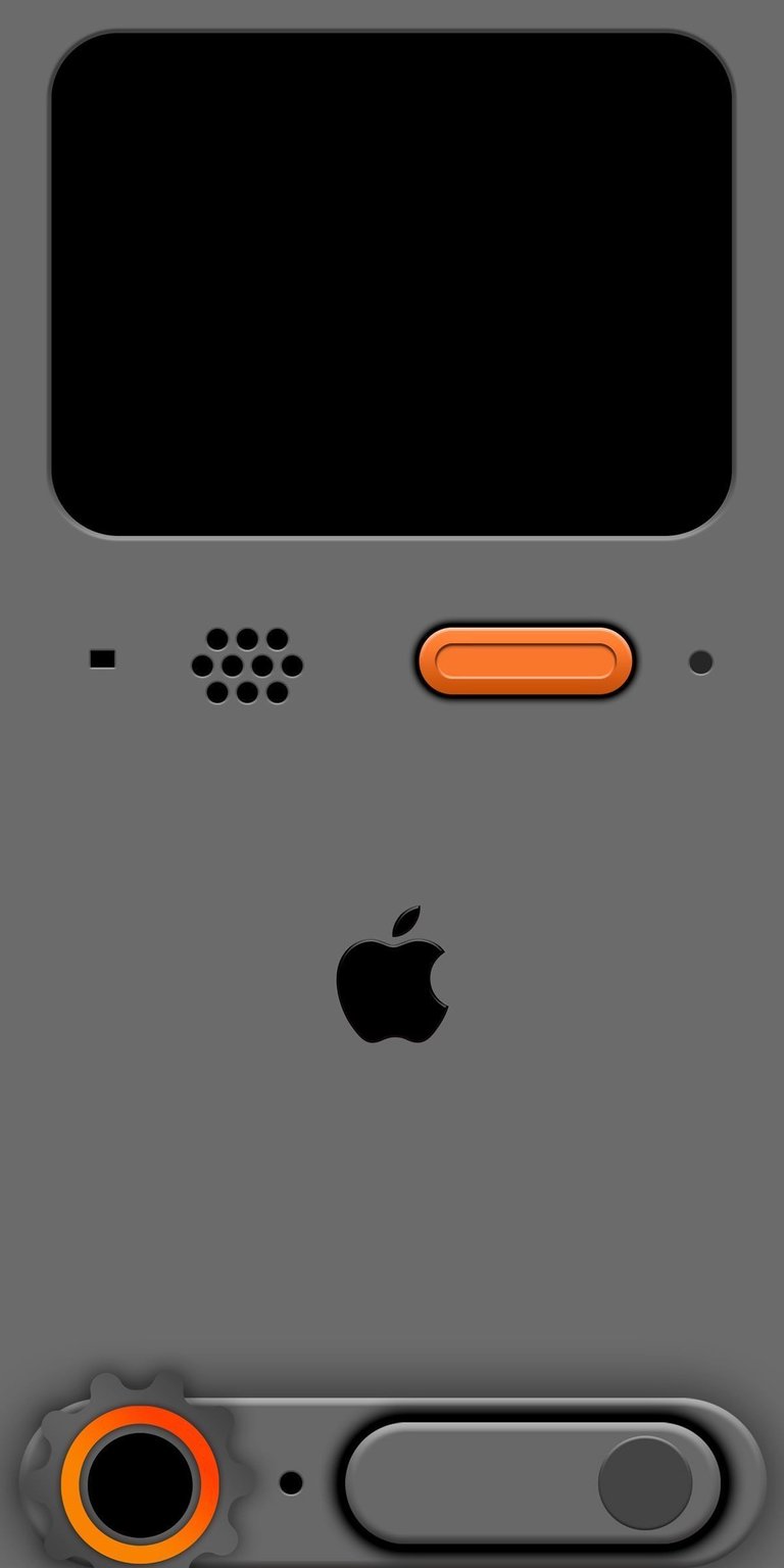 A clean, minimalist live wallpaper featuring a conceptual retro handheld gaming device with an Apple logo motif. The console is sleek gray with bright orange accents (button and switch), contrasting against a deep black background. The design nods to classic handhelds while maintaining modern Apple aesthetics. The animation focuses on subtle light shifts across the console's matte surface, the glowing orange accents, and a soft, rhythmic pulse of light on the screen area, perfect for tech enthusiasts and minimalists.