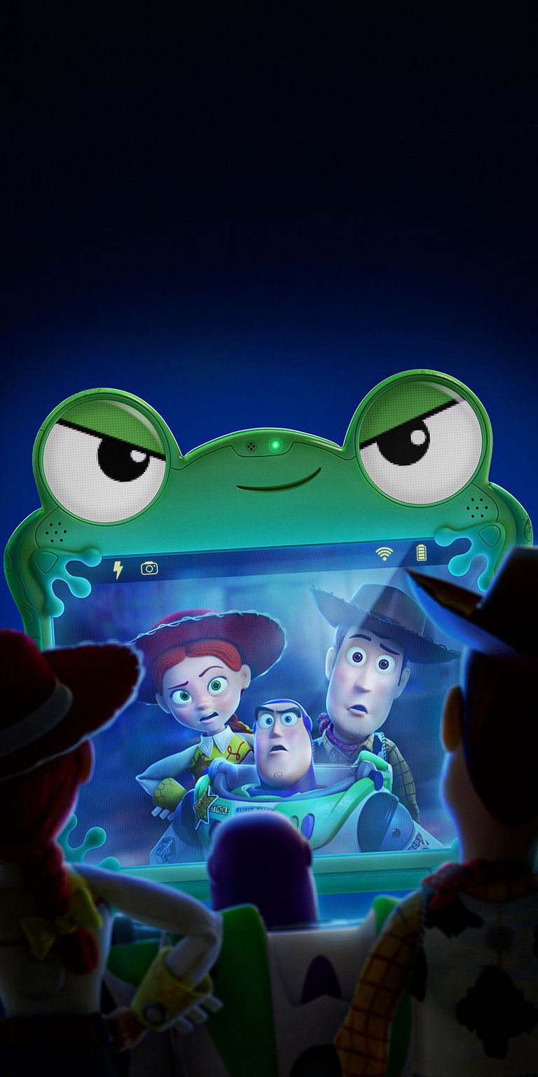A vibrant Toy Story frog wallpaper showing iconic characters reflected in a green tablet screen. This colorful wallpaper looks great on any iPhone display.