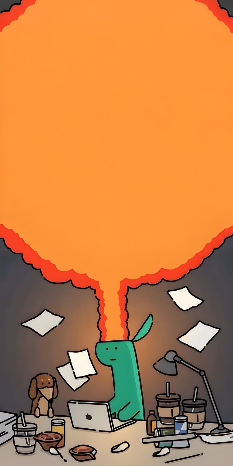 A humorous and highly relatable 4K wallpaper featuring Dino Brain overwhelmed at his desk. Surrounded by stacks of paper, a laptop, and multiple coffee cups, a massive fiery explosion erupts in the background, symbolizing the ultimate workday stress. This "This is Fine" inspired aesthetic perfectly captures the chaotic energy of deadlines with the unique charm of the Dino Brain character.