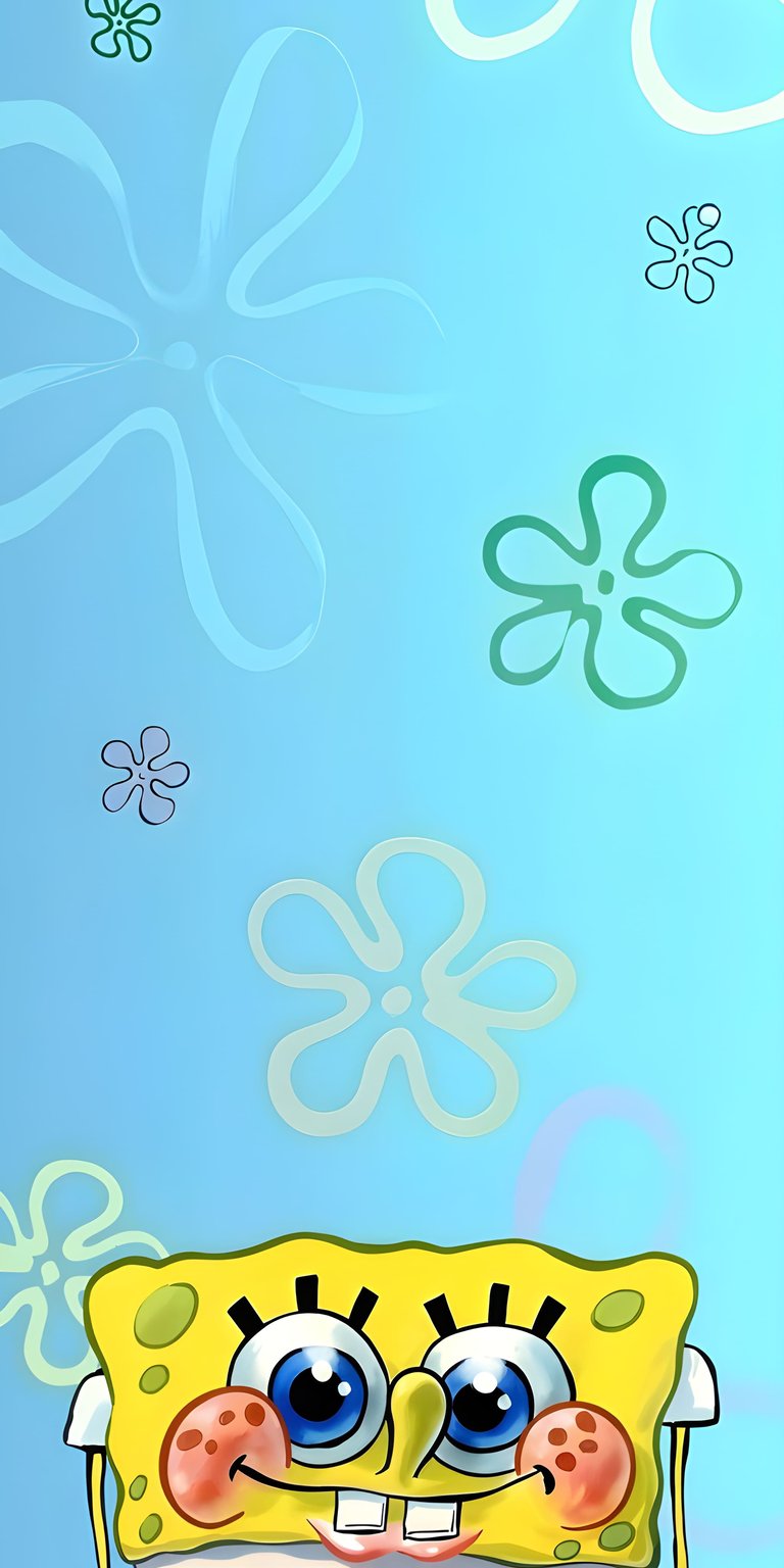 A playful cartoon wallpaper featuring Spongebob Squarepants at the bottom of a blue floral background. This wallpaper brings a fun, nostalgic vibe to your iPhone lock screen.