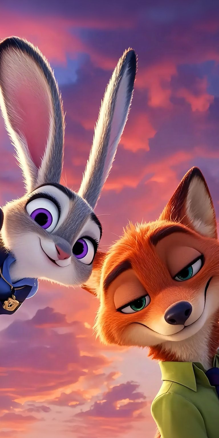 Download this vibrant Zootopia 4K wallpaper for your iPhone, featuring Judy Hopps and Nick Wilde against a stunning sunset. The high-resolution wallpaper captures Judy's bright purple eyes and Nick's sly grin, adding a playful touch to your mobile device.