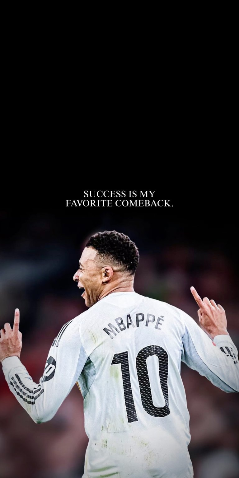 This sleek, dark-themed wallpaper features global superstar Kylian Mbappé in his Real Madrid colors. Focused on the "Success is my favorite comeback" mantra, the design emphasizes Mbappé’s commanding presence on the field. A premium minimalist choice for fans of the Galácticos and the French captain.