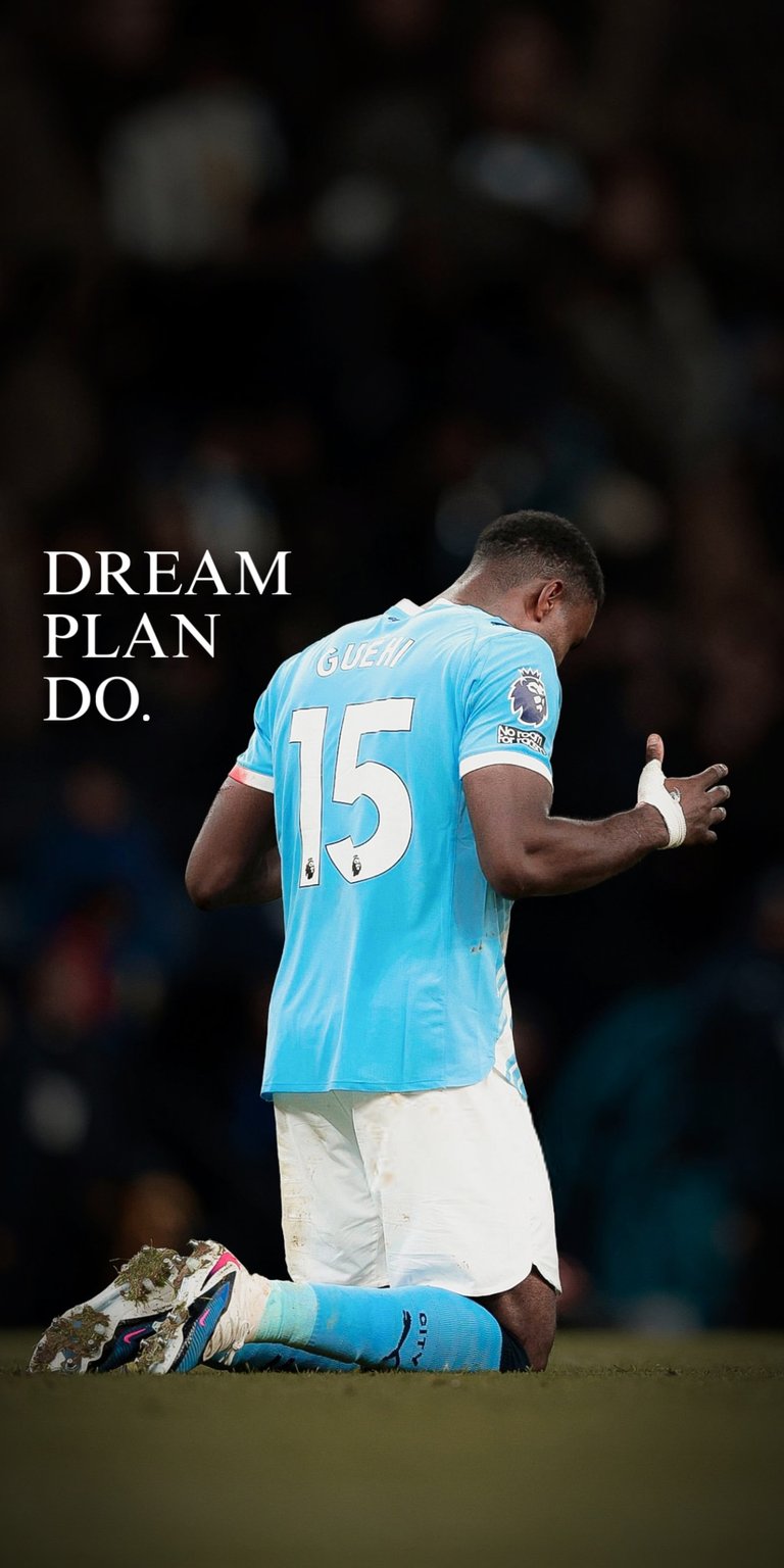 Elevate your phone with this Marc Guehi 4K wallpaper featuring the star defender in the Manchester City light blue kit. This high-quality mobile wallpaper highlights sharp jersey details and an inspiring "Dream Plan Do" motivational quote overlay.