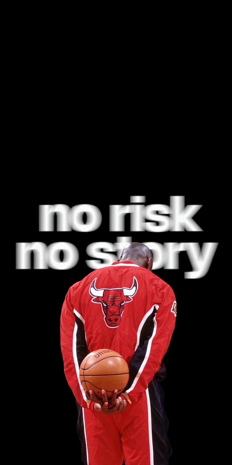 Download this Michael Jordan 4K wallpaper for your iPhone, showcasing him holding a basketball and wearing a Chicago Bulls jacket. This sleek wallpaper also features a motivational quote "No risk no story."