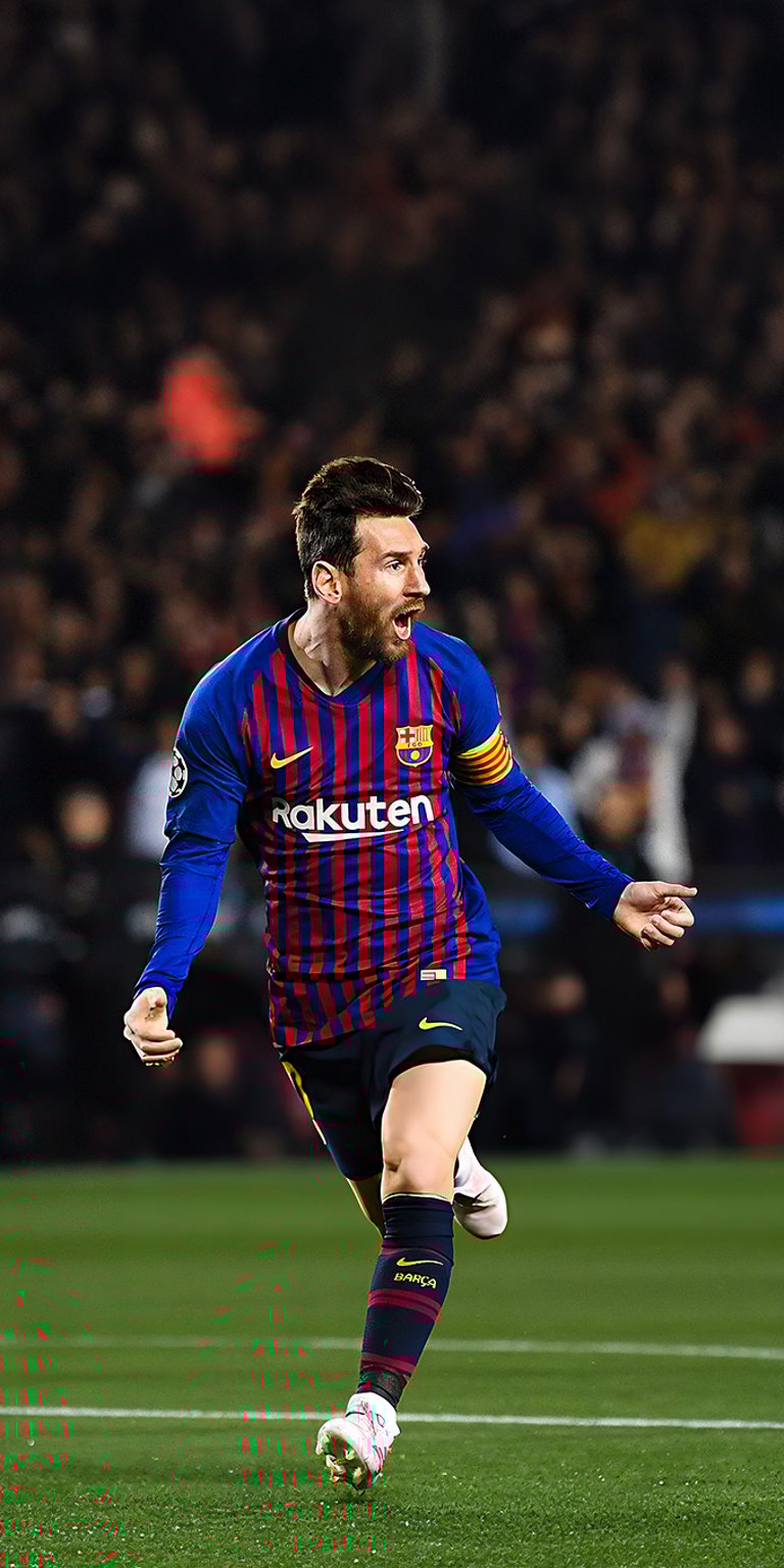 This image is a phone wallpaper featuring Lionel Messi during his time playing for FC Barcelona