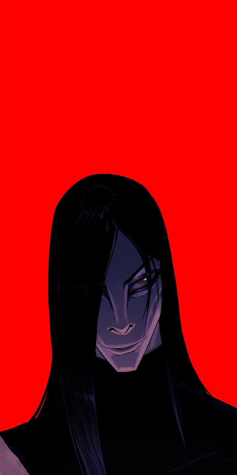 An Orochimaru wallpaper featuring his sinister gaze and signature long hair on a red background. This iPhone wallpaper is part of a premium collection of aesthetic wallpapers.